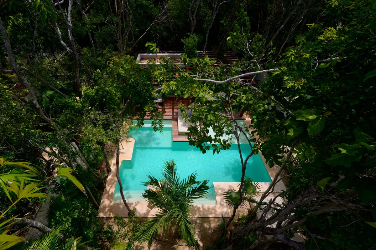 Casa Emilia pool and stone deck seen from above through the tree canopy