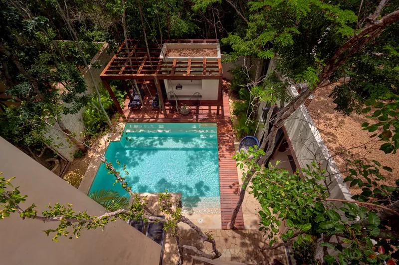 Casa Lydia pool and pergola deck from above, with a hanging chair and the jungle trees around the garden